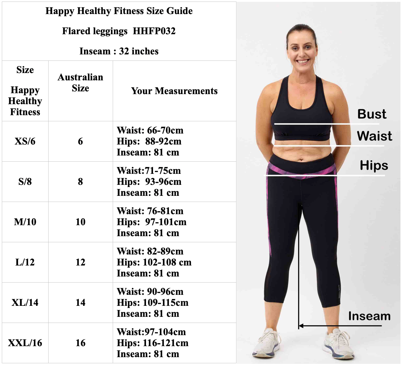 Size guide for flarred leggings